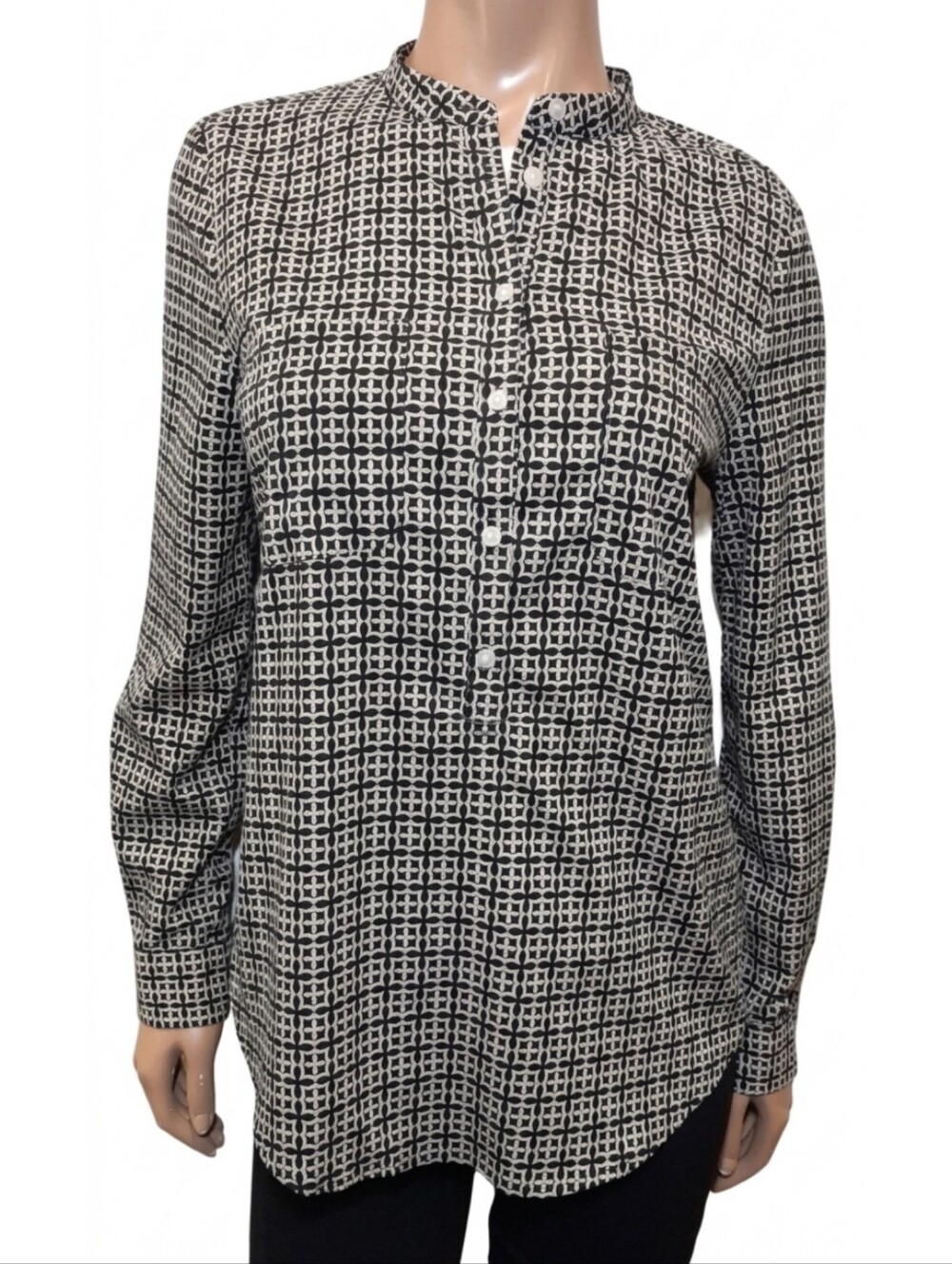 Joe Fresh Patterned Mock Collar Henley Blouse Boyfriend Shirt Small Black Top